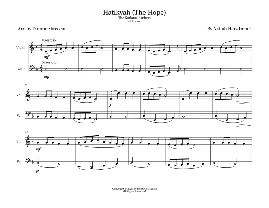 Hatikvah (The Hope) The National Anthem of Israel- Violin and Cello Duet (arr. Dominic Meccia)