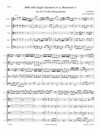 Bach: Organ Concerto in A minor after Vivaldi; BWV 593-1, Movement 1 arr. for 2-Cellos String Quinte (arr. D Oppenheim)