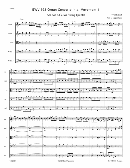 Bach: Organ Concerto in A minor after Vivaldi; BWV 593-1, Movement 1 arr. for 2-Cellos String Quinte (arr. D Oppenheim)