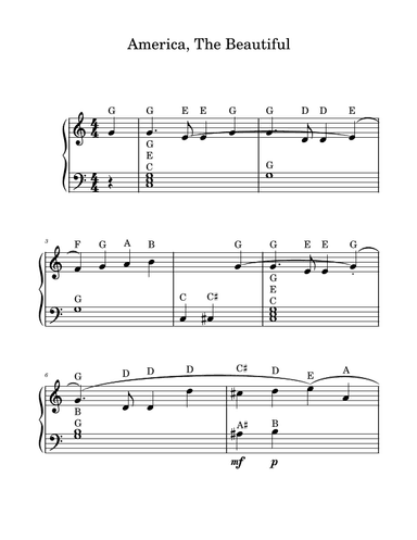 America, the Beautiful - Easy Piano (With Note Names)