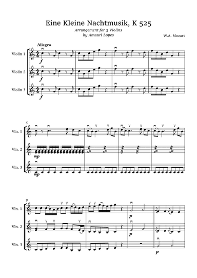 Eine Kleine Nachtmusik K. 525 - for 3 violins - 1st mov. - Allegro (arr. Amauri Lopes Santos)