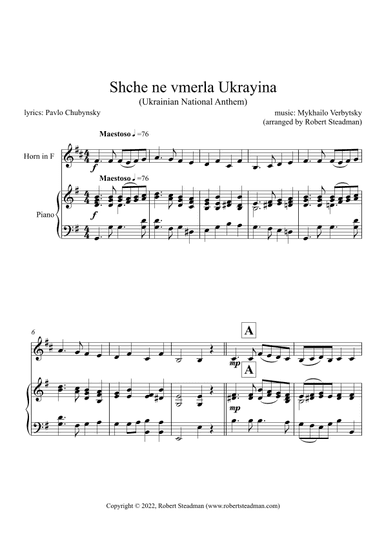 Shche ne vmerla Ukrayina (Ukrainian National Anthem) - HORN in F/Eb & PIANO - SCORE & PART INCLUDED (arr. Robert Steadman)