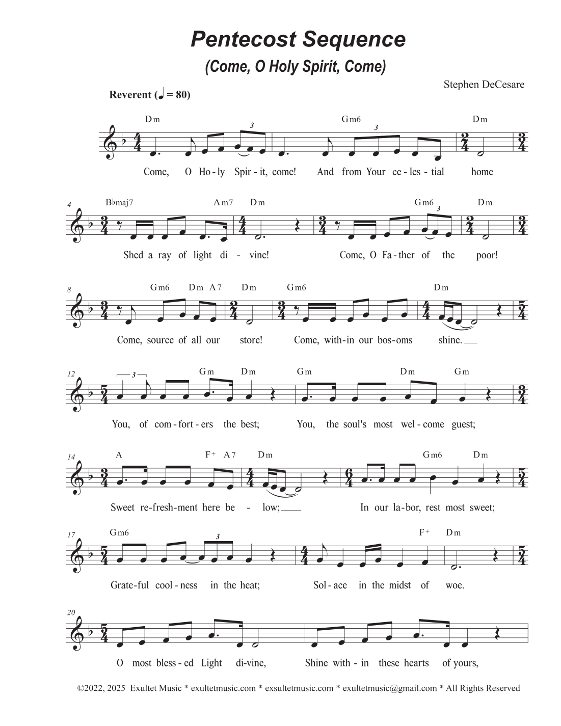 Pentecost Sequence (Come, O Holy Spirit, Come) (Unison choir - Low Key)