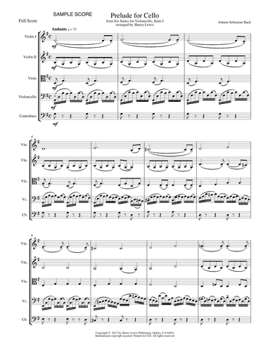 PRELUDE FROM CELLO SUITE NO. 1 by Bach String Quintet, Intermediate Level for 2 violins, viola, cell (arr. Sherry Lewis)