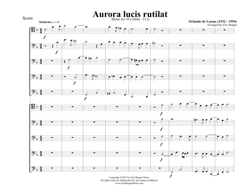Aurora lucis rutilat for Trombone or Low Brass Dectet (10) (arr. Eric Burger Music)