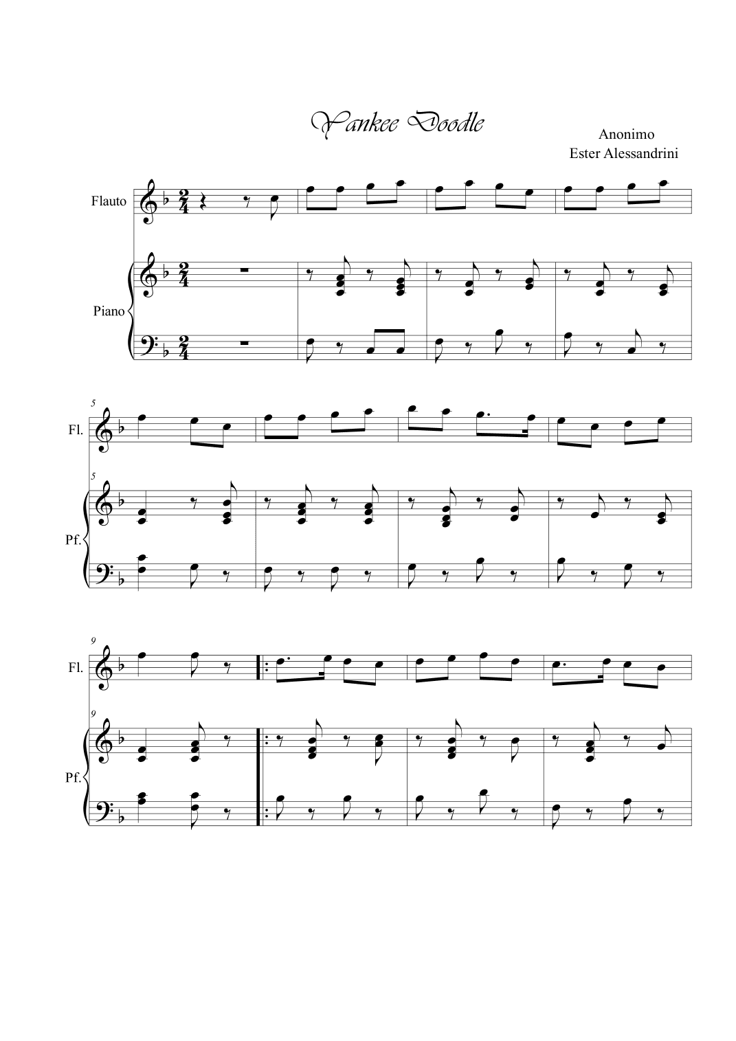Yankee Doodle. Flute and piano (arr. Ester Alessandrini)