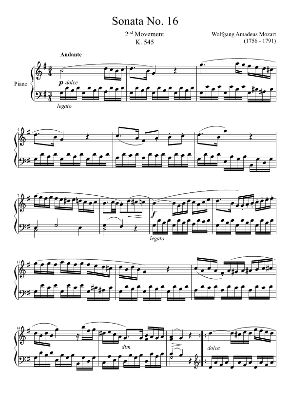Sonata No. 16, 2nd Movement K. 545 (arr. Zachary Corbett)