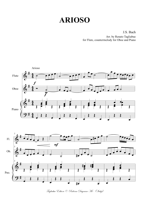 ARIOSO - BWV 156 - Arr. per Flauto, Countermelody for Oboe and Piano; with separate parts (arr. Renato Tagliabue)
