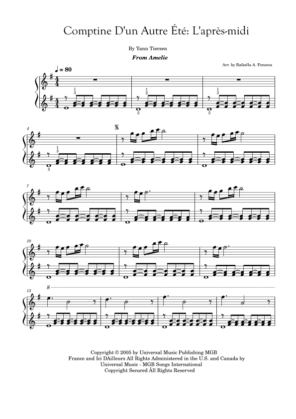 Comptine D'un Autre Été: L'après-midi (arr. RF notes)