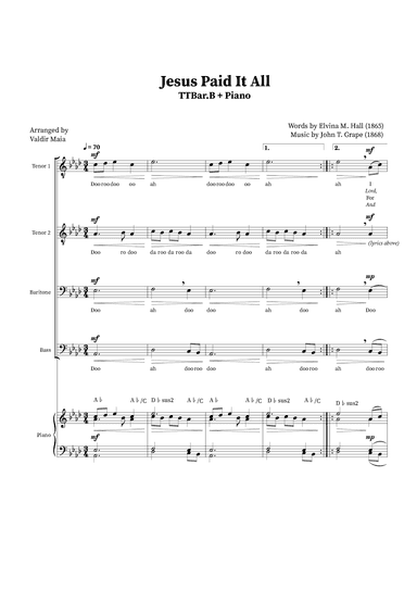 Jesus Paid It All - TTBB Quartet or Choir (Piano Accompaniment + Chords) (arr. Valdir Maia)