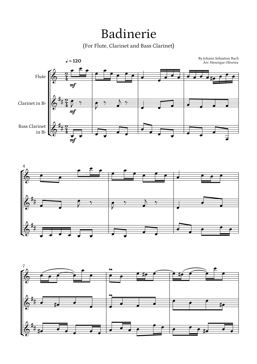 Badinerie by J. S. Bach (For Flute, Clarinet and Bass Clarinet) (arr. Henrique Oliveira)