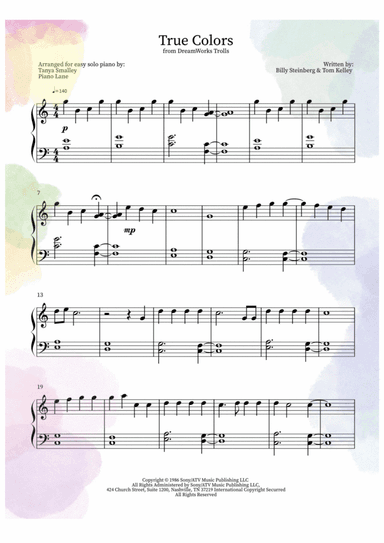 True Colors (arr. Tanya Smalley Piano Lane)