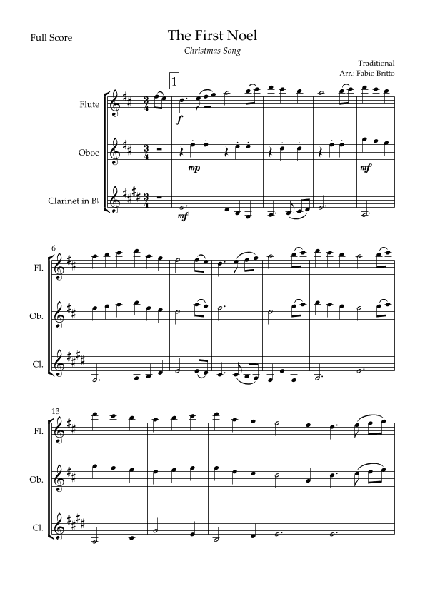 The First Noel (Christmas Song) for Woodwind Trio (arr. Fabio Britto)