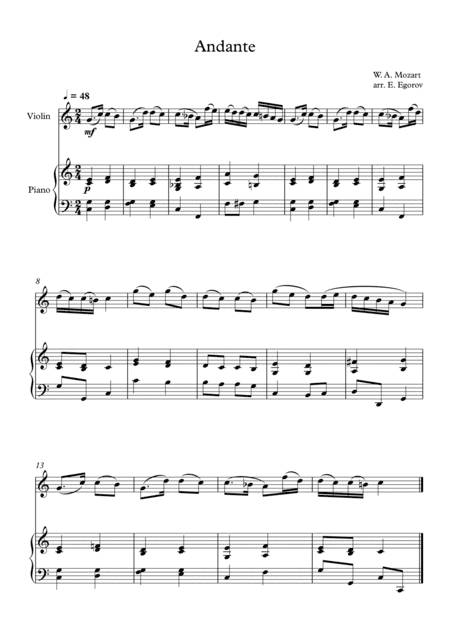 Andante (In Eb Major), Wolfgang Amadeus Mozart, For Violin & Piano