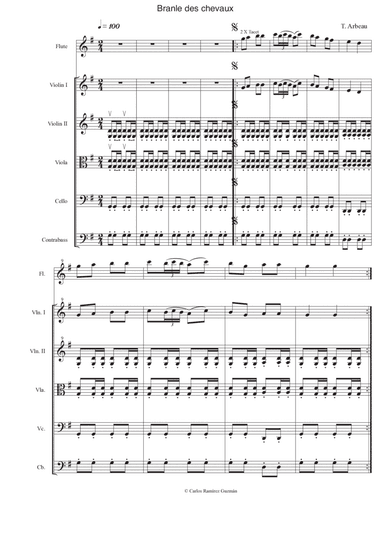 Branle Des Chevaux for Flute and string orchestra Score and parts (arr. Carlos Ramírez Guzmán)