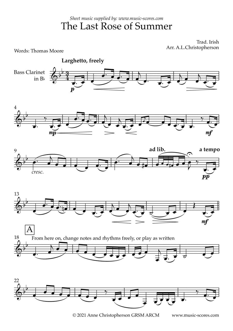 The Last Rose of Summer - Unaccompanied Bass Clarinet (arr. Anne L Christopherson GRSM ARCM)