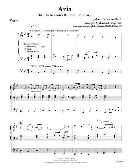 Aria ("Bist du bei mir") [J. S. Bach] for solo organ (arr. Patrick Sheehan)