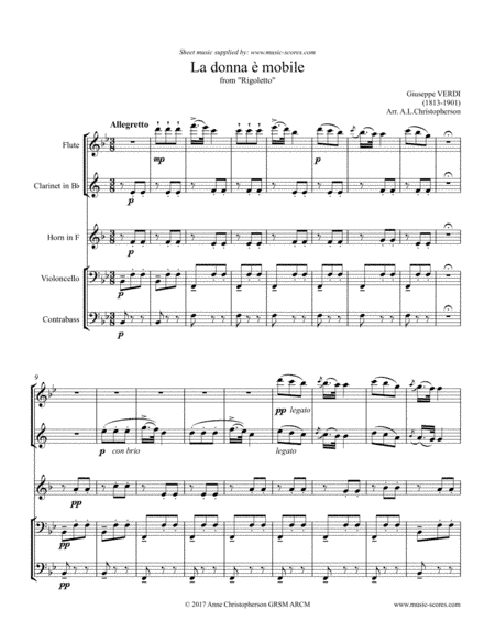 Verdi: La Donna e Mobile - Flute, Clarinet, French Horn, Cello, Contrabass (arr. Anne Christopherson GRSM ARCM)