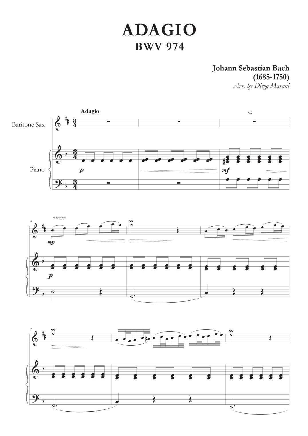 Adagio from BWV 974 for Baritone Saxophone and Piano (arr. Diego Marani)