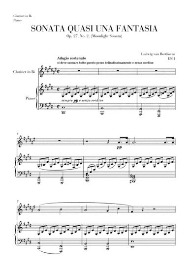 Moonlight Sonata for Clarinet in Bb and Piano (arr. Cadenza Editions)