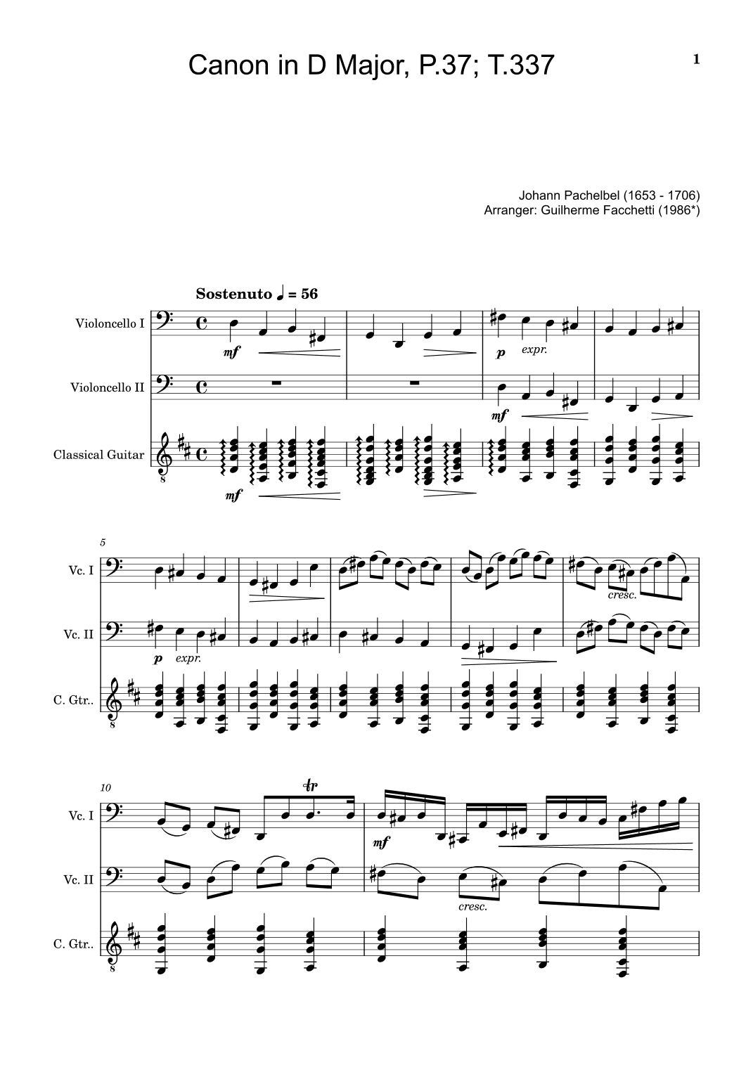 Canon in D Major, P.37; T.337. Arranged for Violoncello Duet and Classical Guitar. Score and Parts (arr. Guilherme Facchetti)