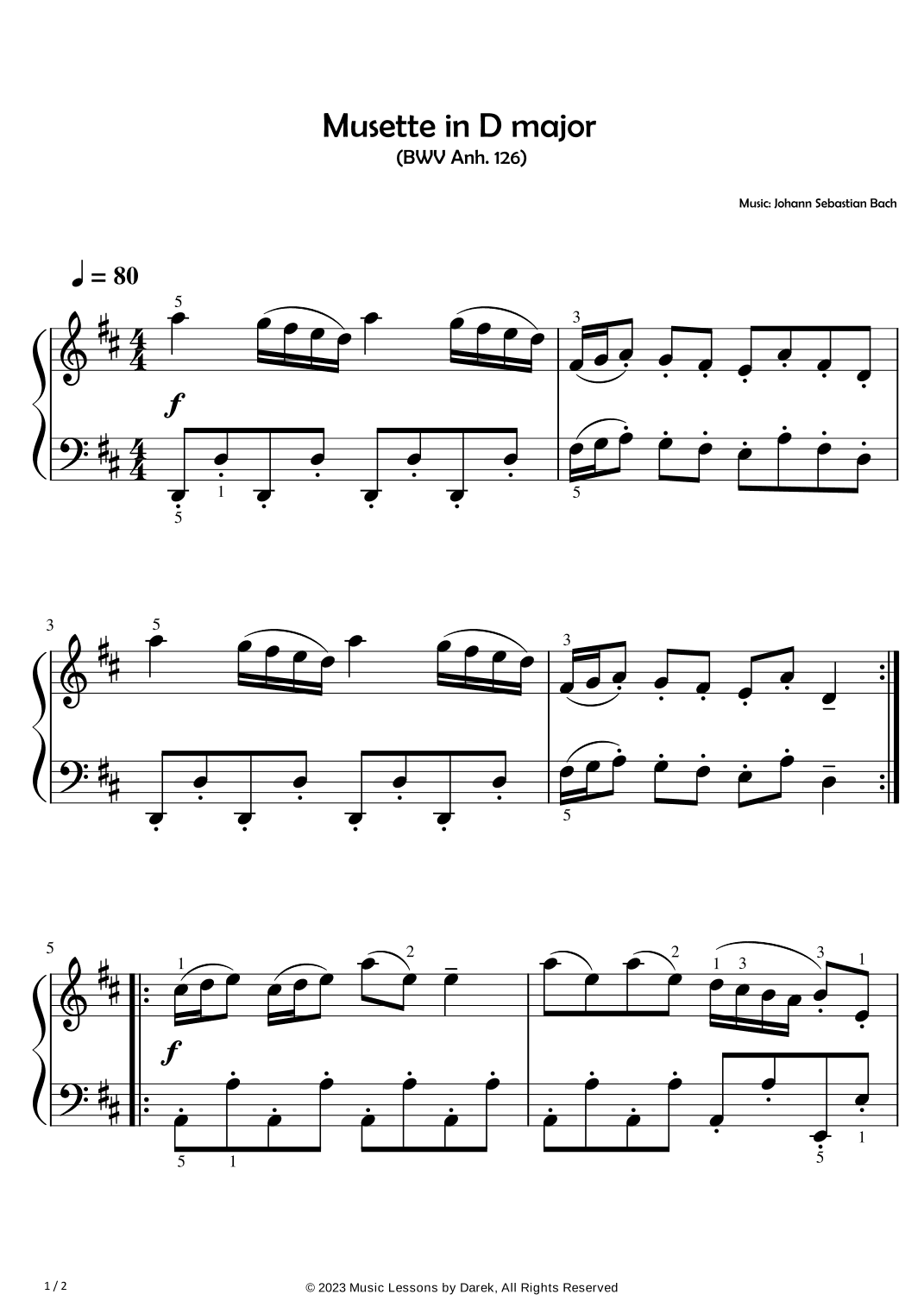 Musette in D major (EASY PIANO) (BWV Anh. 126) [Johann Sebastian Bach] (arr. Darek)