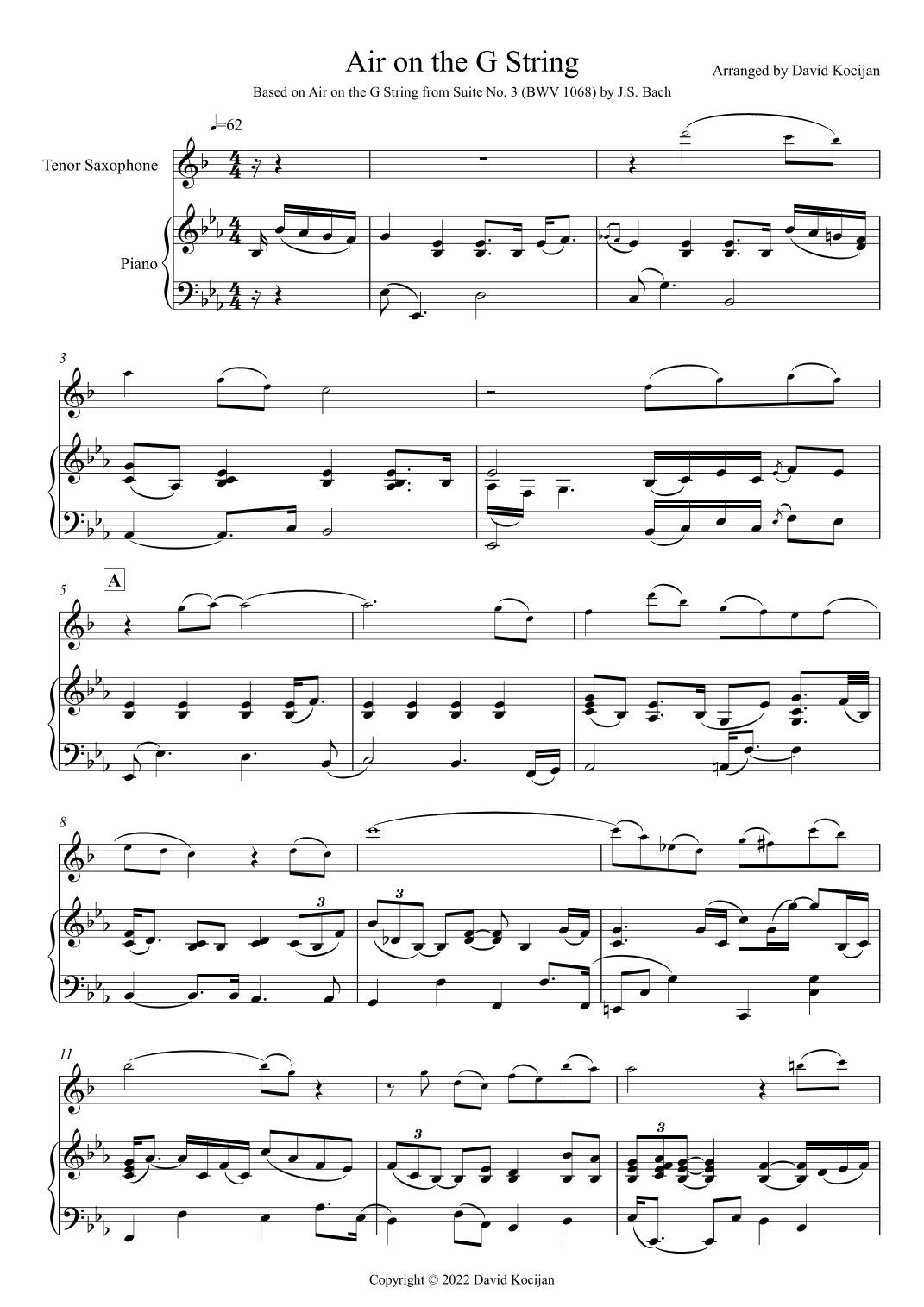 Air on the G String (tenor sax & piano) - EASY (arr. David Kocijan)