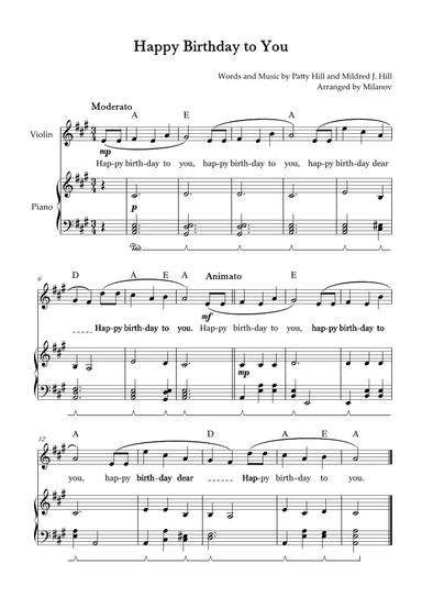 Happy Birthday to You |  Violin |  A Major | Piano accompaniment | Pedal | Chords | Lyrics (arr. Milanov)
