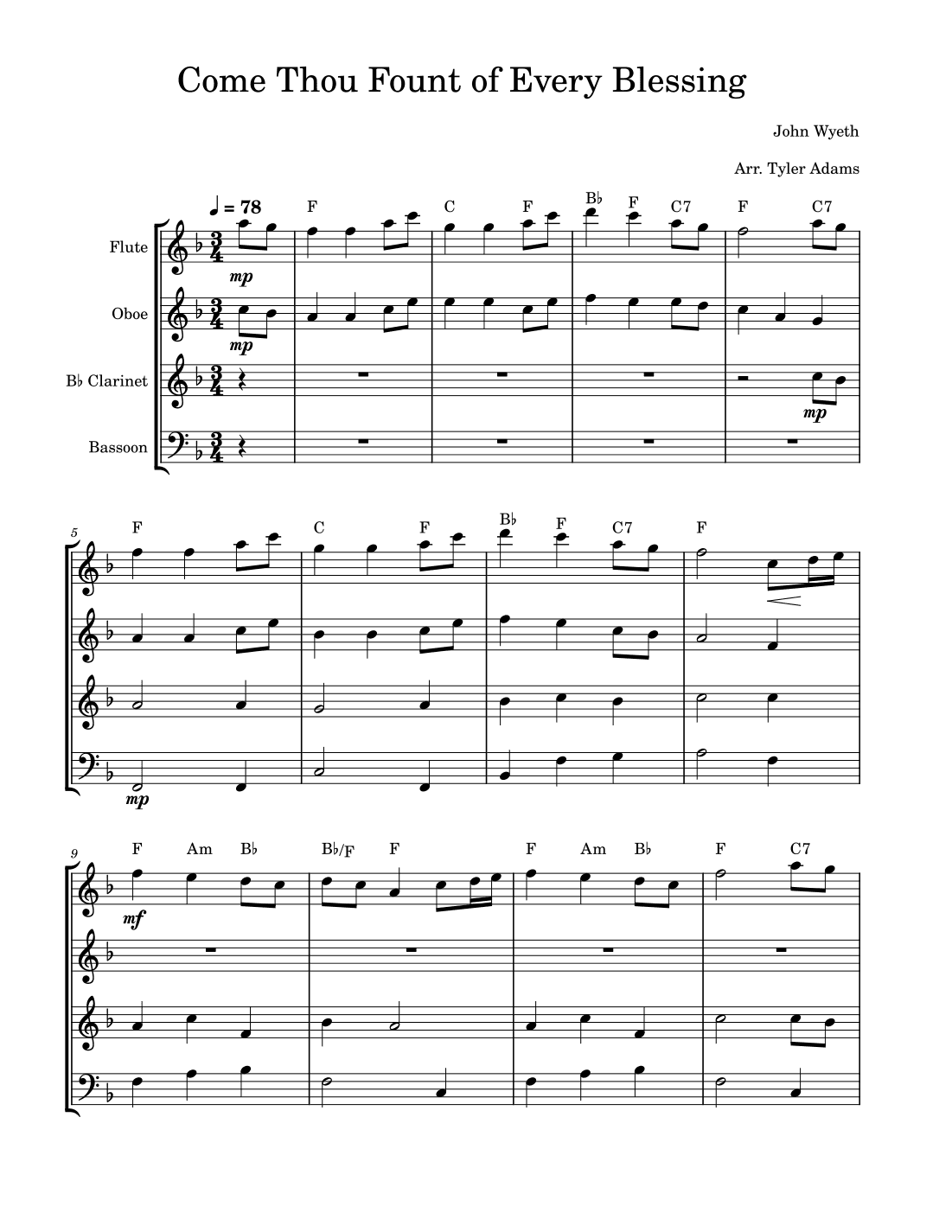Come Thou Fount of Every Blessing (Wind Quartet) (arr. Tyler Adams)