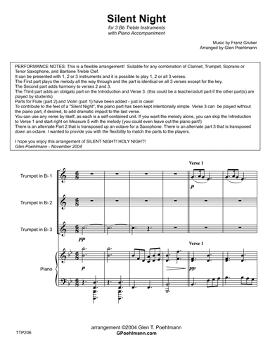 SILENT NIGHT - 1, 2 or 3 Bb TREBLE INSTRUMENTS with Piano Accompaniment (arr. Glen Poehlmnn)