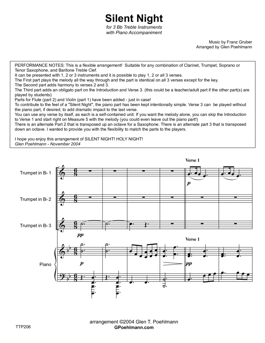 SILENT NIGHT - 1, 2 or 3 Bb TREBLE INSTRUMENTS with Piano Accompaniment (arr. Glen Poehlmnn)