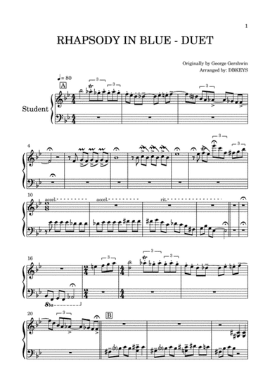 Rhapsody In Blue - Piano DUET (Student's part) (arr. DBKEYS)