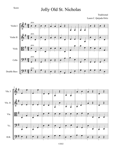Jolly Old St. Nicholas. Easy. Open strings and first finger. Score & parts (arr. Laura C. Quijada Ortíz)