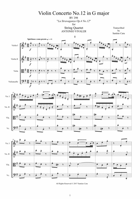 Vivaldi - Concerto No.12 in G major RV 298 Op.4 for String Quartet (arr. Santino Cara)