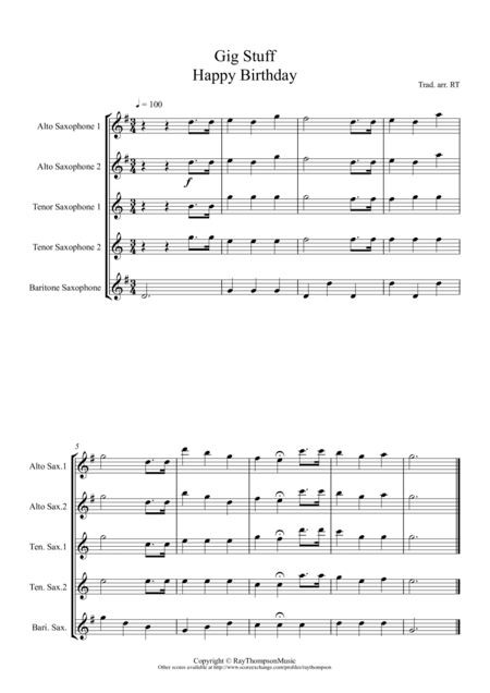 A Collection of Useful Gig Tunes:(Happy Birthday, God Save the Queen etc) - saxophone quintet (arr. Ray Thompson)