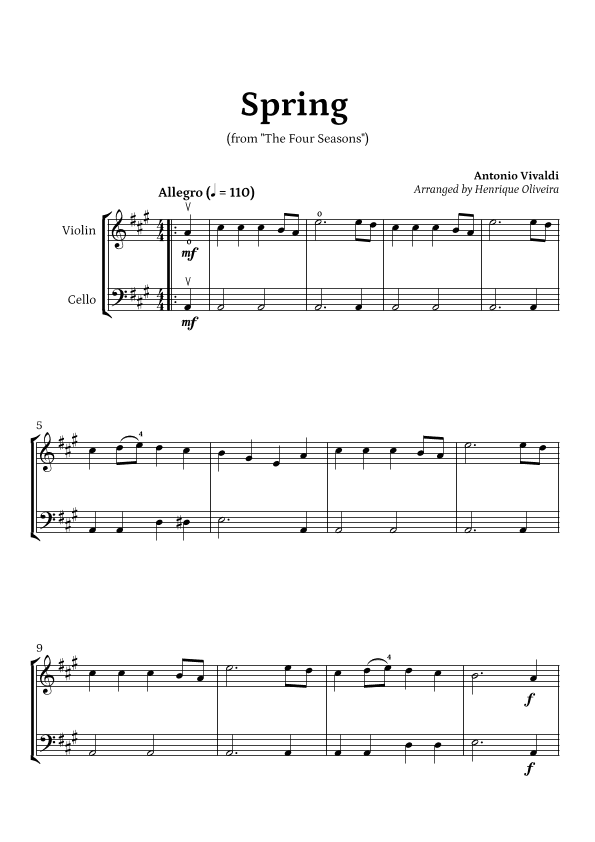 Spring from "The Four Seasons" (Violin and Cello) - Beginner Level (arr. Henrique Oliveira)