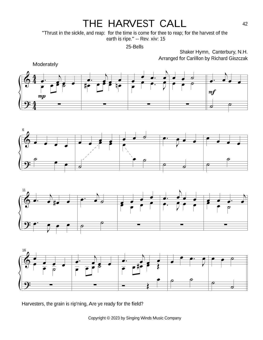 25B. THE HARVEST CALL -- Harvesters, the grain is ripening (Shaker hymn) (arr. Richard Giszczak)