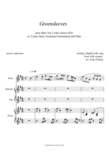 Greensleeves,  for SA, piano and flute, E minor (arr. Ivana Tuskan)