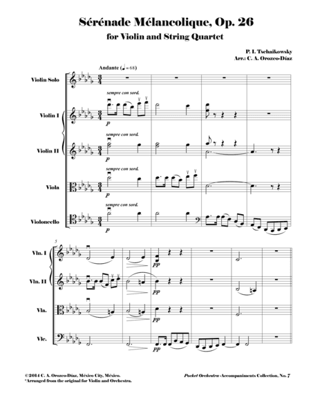 Tchaikowsky - Sérénade Mélancolique, Op. 26 for Violin and String Quartet (Reduction of the Origi (arr. C. A. Orozco-Diaz)