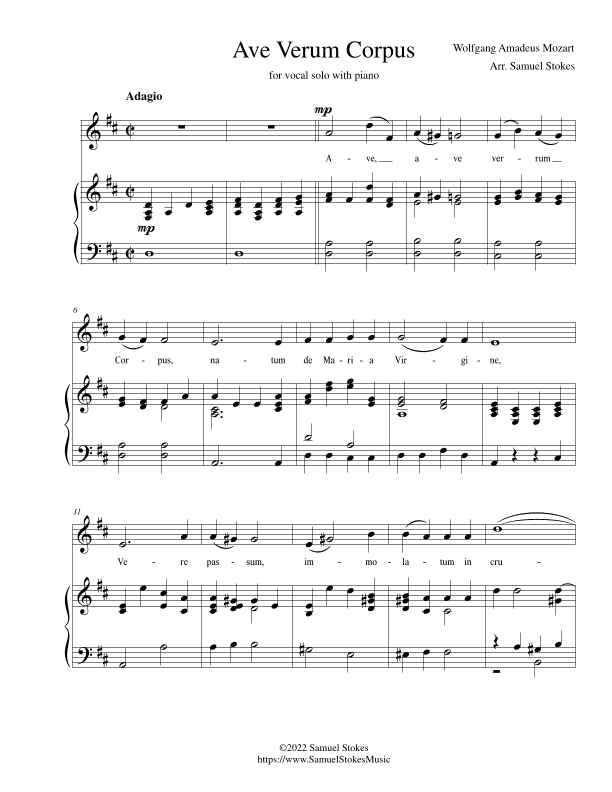 Ave Verum Corpus - for soprano or tenor solo with piano (arr. Samuel Stokes)