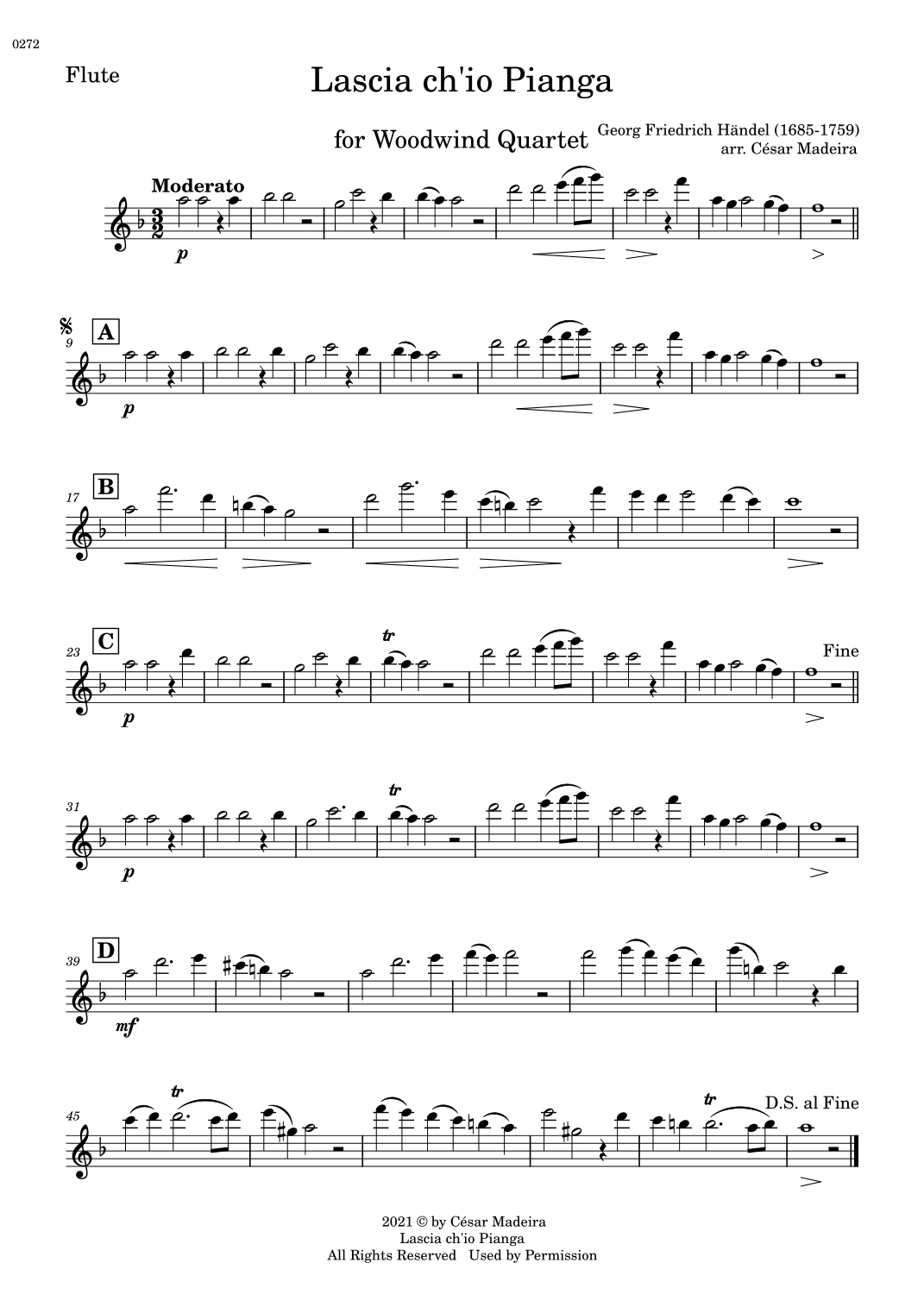 Lascia Ch'io Pianga - Woodwind Quartet (Individual Parts) (arr. César Madeira)