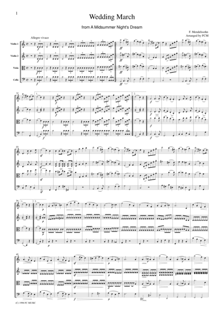 Mendelssohn  Wedding March from A Midsummer Night's Dream, for string quartet, CM201 (arr. FCMUSIC)