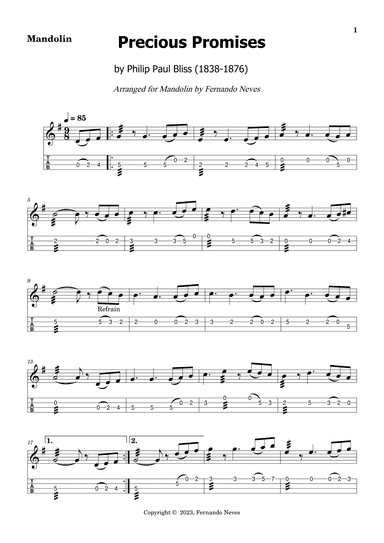 Precious Promises for Mandolin with Tablature (arr. FERNANDO LUIZ NEVES)