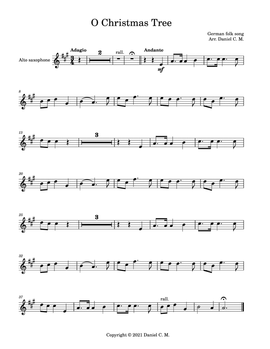 O Christmas Tree for alto saxophone and piano (easy) (arr. Daniel C. M.)