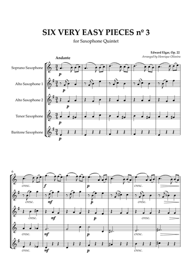 Six Very Easy Pieces nº 3 (Andante) - For Saxophone Quintet (arr. Henrique Oliveira)