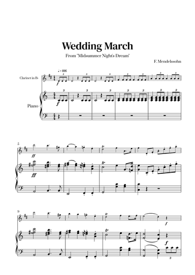 Felix Mendelssohn - Wedding March From Midsummer Night's Dream for Clarinet in Bb and Piano (arr. Cadenza Editions)