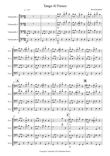 Tango Al Fresco For Beginning Cello Quartet