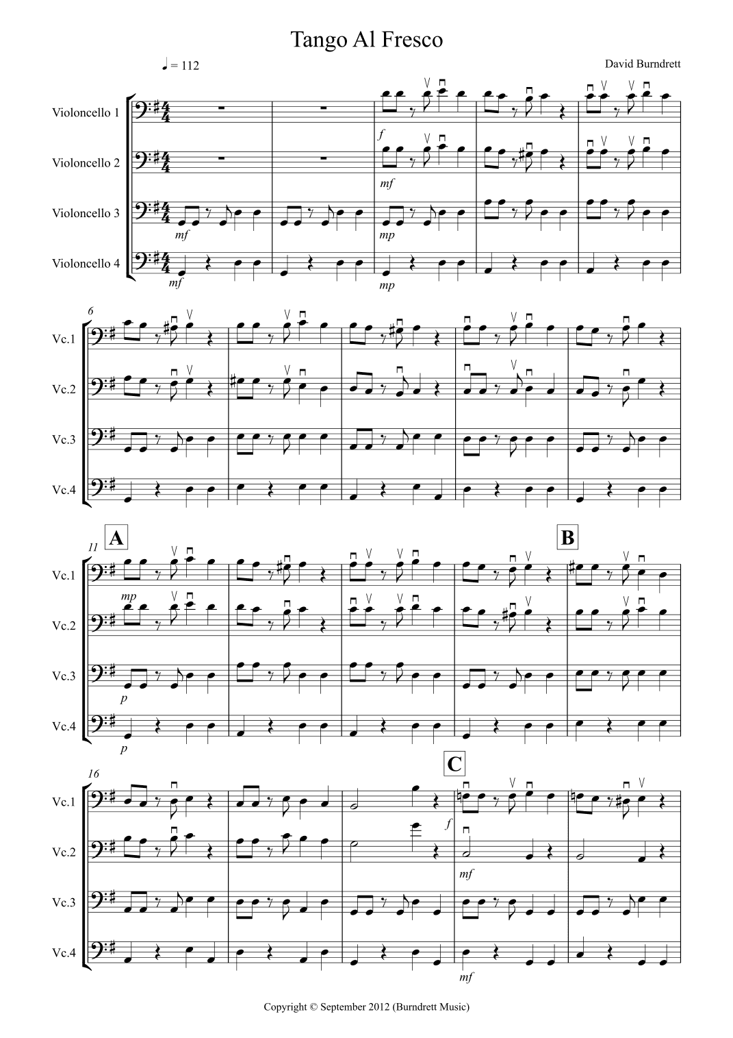 Tango Al Fresco For Beginning Cello Quartet