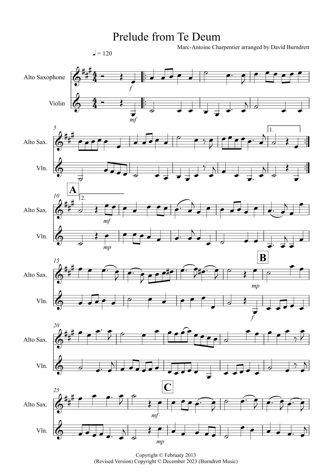 Prelude from Te Deum for Alto Saxophone and Violin Duet (arr. David Burndrett)