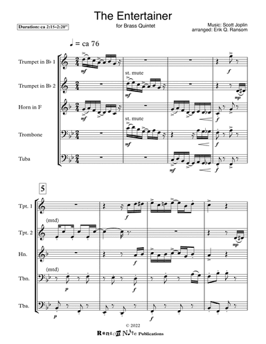 The Entertainer for Brass Quintet (arr. Erik Q. Ransom)